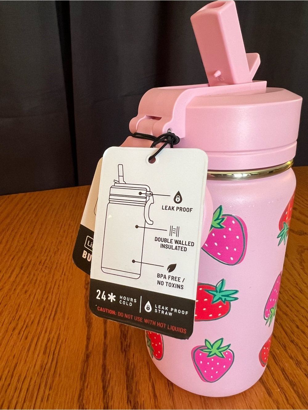 14 oz Hydrapeak Red & Pink Strawberries on Pink Water Bottle - Picture 2 of 2